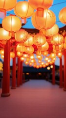 Poster - Vertical video of Traditional lanterns glow warmly evening background, creating festive atmosphere along walkway with glowing traditional lanterns