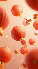 Poster - Vertical video of Red lantern background with glowing light, festive and traditional Asian decoration, floating lanterns create joyful celebration