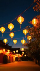 Aufkleber - Vertical video of Glowing lanterns create festive background dusk outdoor setting with warm light, vibrant atmosphere, and traditional architecture