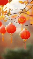 Aufkleber - Vertical video of Red lanterns hanging from tree branches with autumn leaves and soft background create festive celebration and festival atmosphere