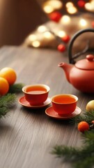 Aufkleber - Vertical video of Two red teacups with tea and teapot on wooden background, festive lights, and pine branches create cozy, warm holiday atmosphere