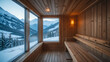 © Sara - Wooden sauna interior features panoramic winter scenery. Snowy mountain landscape visible through large window. Cozy wooden benches, warm light create relaxing ambiance. Rustic design. Natural wood