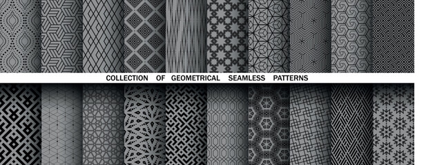 Fototapete - Geometric set of seamless black and gray patterns. Simple vector graphics