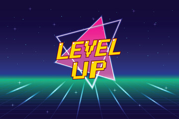 Wall Mural - level up. pixel art .8-bit game. retro futurism sci-fi background. glowing neon grid. and stars from