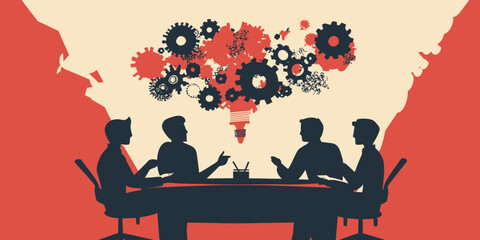 Poster - Silhouettes of four business people brainstorming creative ideas sitting around table with colorful gears and bulb symbolizing teamwork innovation and collaboration concept vector illustration