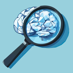 Poster - Low poly blue human brain under magnifying glass in flat minimalist vector style for research analysis and cognition concept illustration