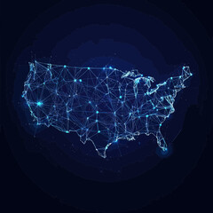 Poster - Digital wireframe map of United States with glowing connected network nodes and polygonal low poly design on dark background for technology concept