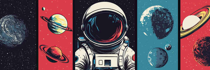 Astronaut with planets and moons including Saturn and Earth in colorful vertical panels flat minimalist science space vector illustration background for poster or cover design