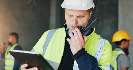 Aufkleber - Planning, radio and tablet with construction worker man on site for civil engineering or development. App, building and communication with developer person on worksite for project management