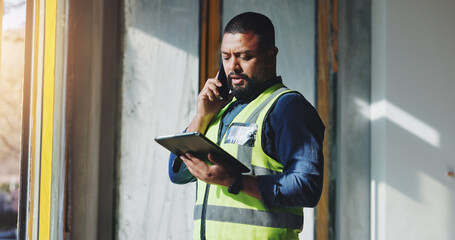 Poster - Building, phone call and tablet with construction worker man on site for civil engineering or development. App, conversation and planning with developer person on location for project management