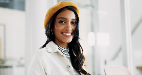 Poster - Portrait, confidence and happy business woman in startup office with pride for career as fashion magazine editor. Job, smile and professional employee, creative worker or style journalist in India