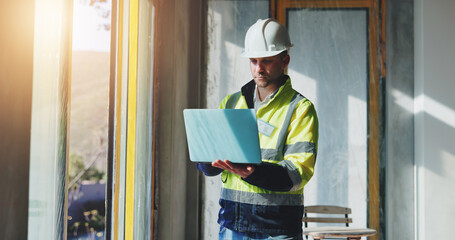 Aufkleber - Man, laptop and contractor for inspection of construction, industrial planning and building renovation of development. Engineer, architect and project management with maintenance for infrastructure