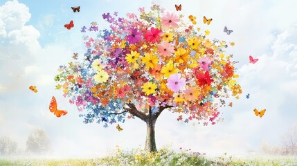 Poster - Colorful jigsaw pieces form a flourishing tree, representing creativity and community