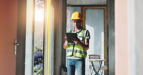 Aufkleber - Building, planning and tablet with construction worker man on site for civil engineering or development. App, digital plan and inspection with developer person on location for project management