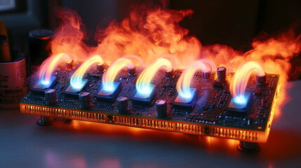 Poster - Electronic circuit board with glowing energy arcs for technology concepts