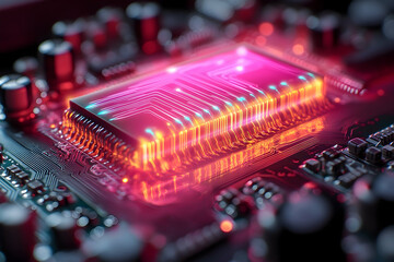 Poster - Electronic component illuminated pink and orange technology and digital design
