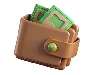 Poster - A stylish brown leather wallet holding green paper currency displayed in a high quality 3d rendering icon on a White background