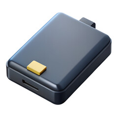 Poster - Modern dark gray rectangular gadget 3d rendering featuring gold button usb port and small handle realistic high quality icon