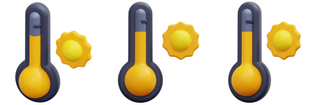 Set of 3D Rendered Thermometers and Suns 3d Render Icon Illustration