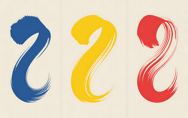 Poster - Abstract Brushstrokes of Blue Yellow and Red Paint on a Cream Canvas Background