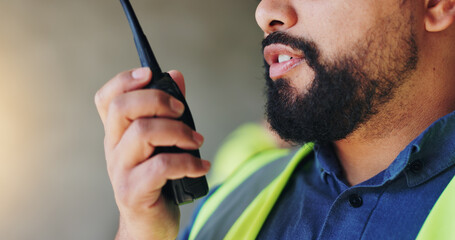 Aufkleber - Engineering, radio and man with closeup, communication and instructions for project development. Person, employee and architecture with inspection, conversation and advice for real estate and safety