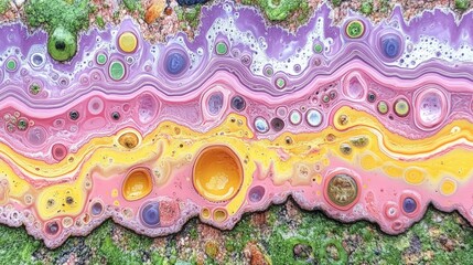 Poster - Colorful abstract background with wavy lines and bubbles in vibrant pastel shades resembling a geological pattern