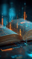 Poster - open book with digital data overlay and circuit board