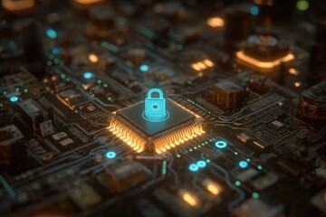 Poster - Glowing lock icon on a processor chip in a circuit board