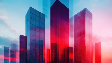 Poster - Futuristic cityscape with abstract geometric buildings reflecting vibrant colors and light. scene evokes sense of innovation and modernity