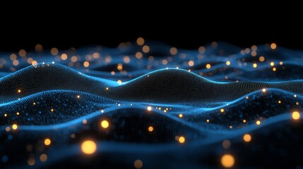 Aufkleber - Abstract visualization of a digital landscape with glowing dots and wavy lines against a black background