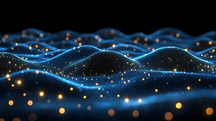 Aufkleber - Abstract visualization of a digital landscape with glowing dots and wavy lines against a black background