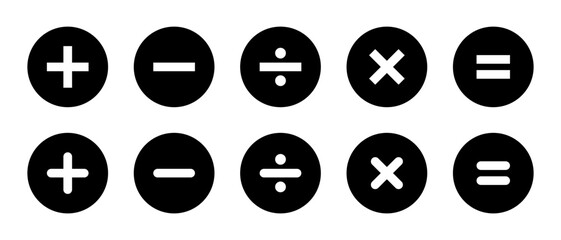 Poster - Basic math symbols icon on black circle. Addition, subtraction, division, multiplication, and equation sign