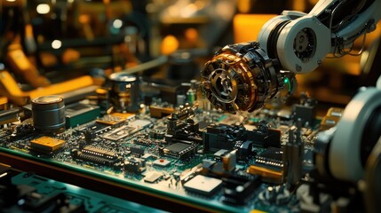 Poster - A robotic hand meticulously working on a circuit board in a dimly lit workshop. surrounded by tools and machinery. highlighting the fusion of technology and craftsmanship