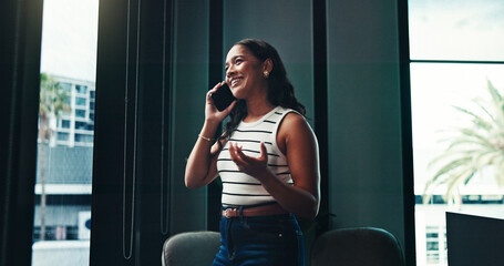 Poster - Office, businesswoman and journalist with phone call for communication, talking and questions to source. Below, smile and publication editor with mobile for news verification, discussion and contact