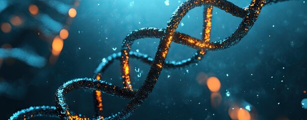 Poster - A vibrant close-up of a DNA double helix structure illuminated with glowing particles. set against a blurred background of abstract molecular forms. symbolizing genetic research and innovation