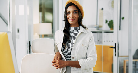 Poster - Portrait, creative and happy business woman in office with pride for career as social media marketer. Smile, startup and professional worker with confidence as audience engagement specialist in India
