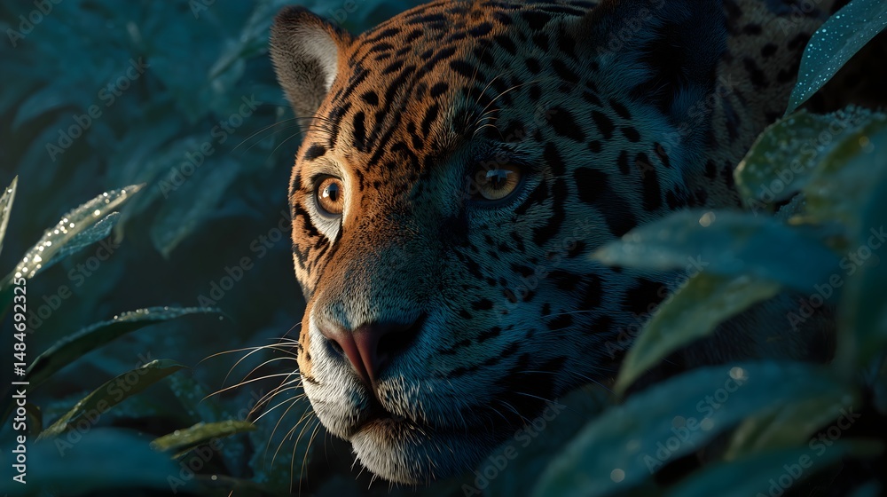 Jaguar stealthily stalking through dense foliage in the Amazon ...