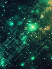 Poster - A vibrant cosmic scene showcasing swirling colors of green. orange. and blue. representing a nebula filled with stars and energy. ideal for use in space-themed projects