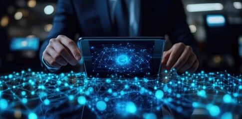 Poster - A businessman interacts with a holographic display on a tablet. showcasing digital data visualization in a futuristic office setting with city lights in the background