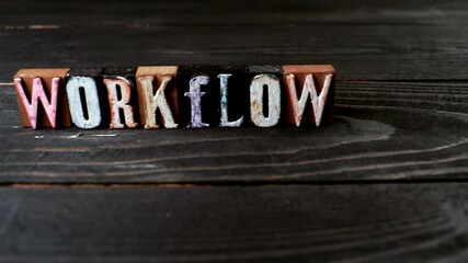 Canvas Print - Workflow Concept. Alphabet blocks on a wooden texture background. 4K video