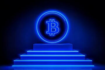 Poster - Glowing Bitcoin Neon Sign on a Dark Blue Stepped Platform Abstract Cryptocurrency Background Digital Finance Technology Concept