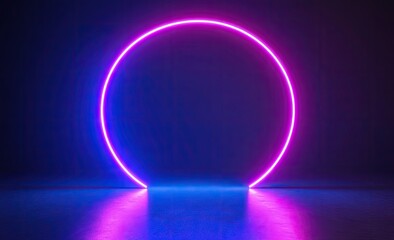 Poster - A vibrant neon archway glowing in pink and blue hues. set against a dark background with mist. creating a futuristic atmosphere ideal for events or digital art