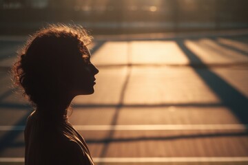 Poster - Woman's Silhouette Profile on Tennis Court at Sunset, Evoking Serenity and Mindfulness for Mental Wellness Campaign : Generative AI