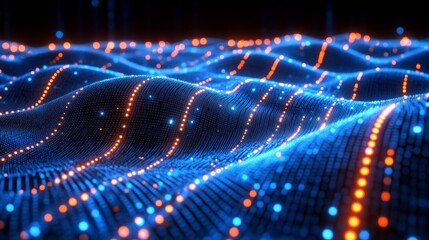 Aufkleber - Abstract digital landscape with flowing blue and orange glowing dots creating a futuristic technology-inspired scene