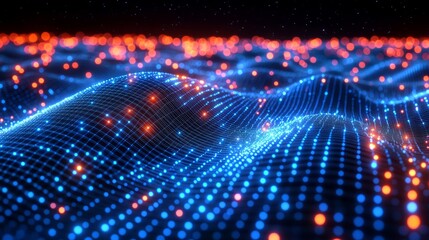 Aufkleber - Abstract digital landscape with flowing blue and orange glowing dots creating a futuristic technology-inspired scene