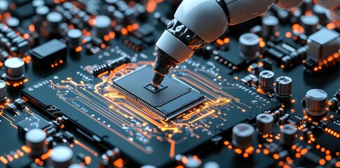 Poster - A robotic arm precisely applying solder to a microchip on a circuit board in a high-tech manufacturing facility. with machinery and tools in the blurred background