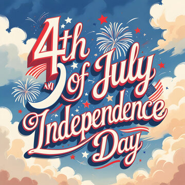 A festive illustration with bold cursive lettering in patriotic colors, set against a summer sky with clouds and sparkling fireworks.