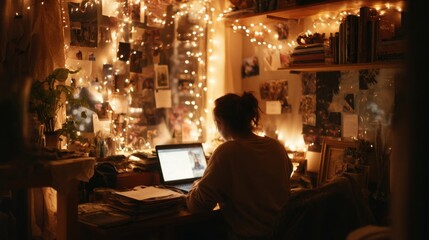 Poster - Woman Working on Laptop in Cozy Room With Fairy Lights at Night, Illustrating Focus and Home Office Productivity for Remote Work and Digital Lifestyle : Generative AI