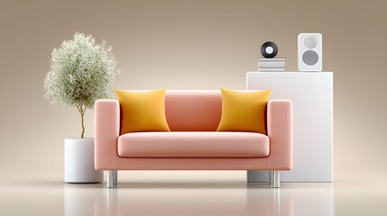 Poster - retro-style living room with a twist pastel couch, vinyl records, smart home devices, warm tones, mi