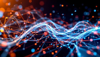Poster - Vibrant blue and orange abstract background illustrating futuristic neural flow network design